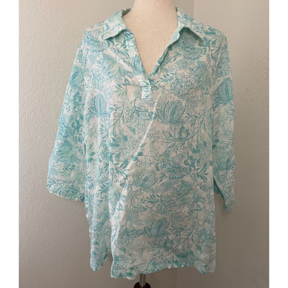 Sigrid Olsen 100% Linen Tunic Top Womens 1X Aqua Blue White Floral Print Blouse